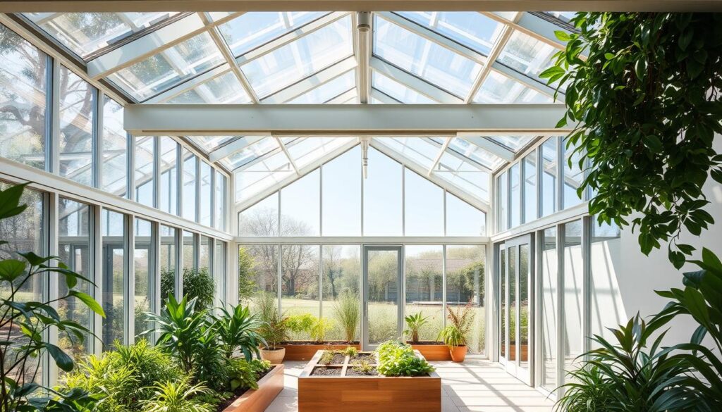 residential greenhouse design with transparent materials and seamless integration